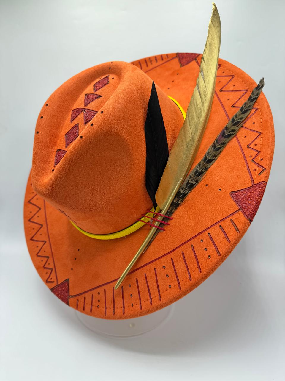 Orange wide brim fedora with golden feather