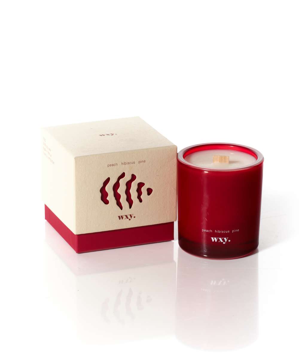 Wxy. Roam Peach. Hibiscus. Pine. Glass Candle