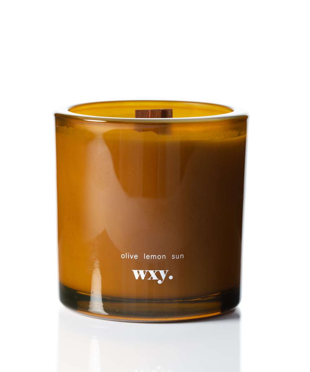 Wxy. Roam Olive. Lemon. Sun. Glass Candle