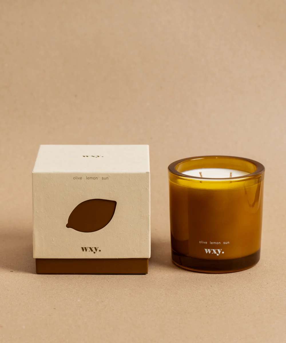 Wxy. Roam Olive. Lemon. Sun. Glass Candle