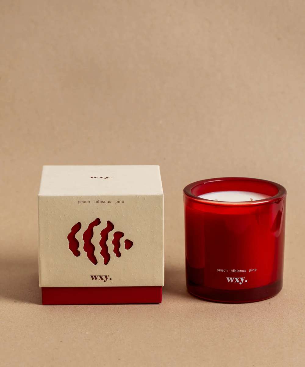 Wxy. Roam Peach. Hibiscus. Pine. Glass Candle