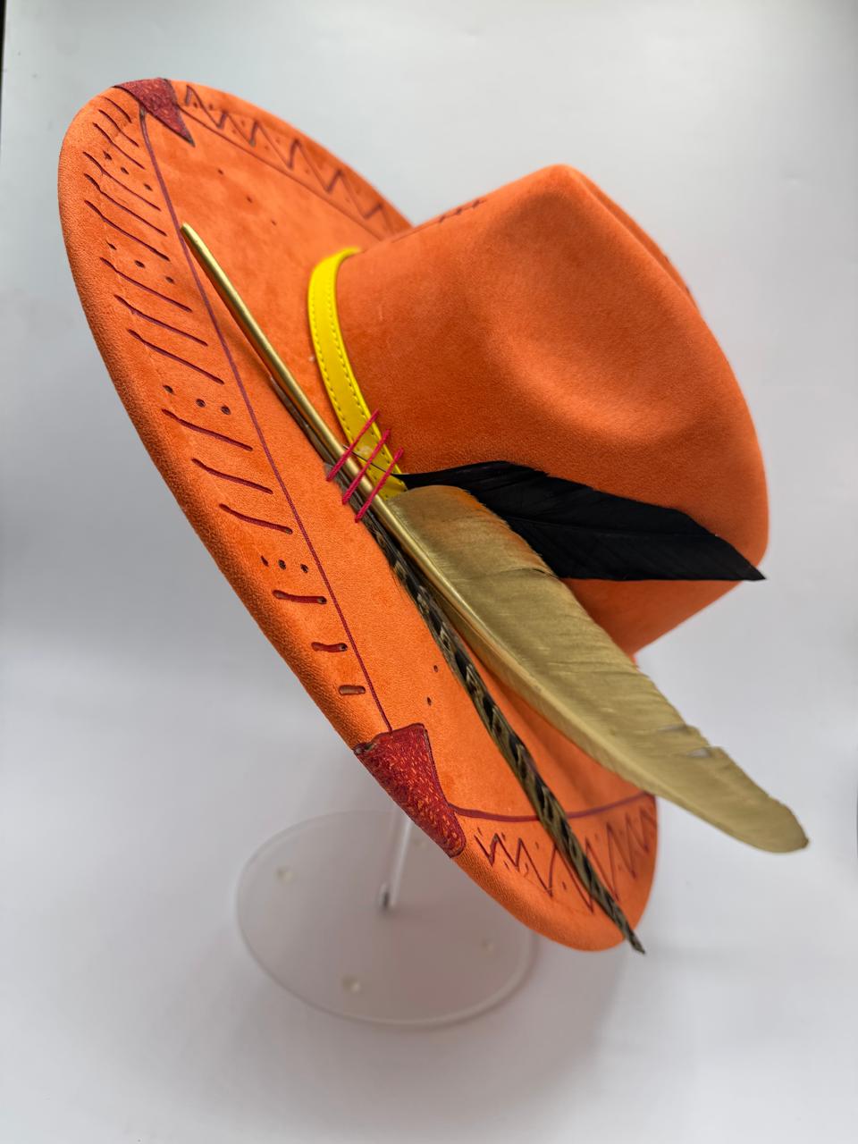 Orange wide brim fedora with golden feather