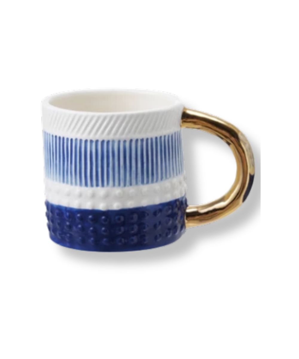 Shoreline Embossed Stoneware Mugs with Gold Handle