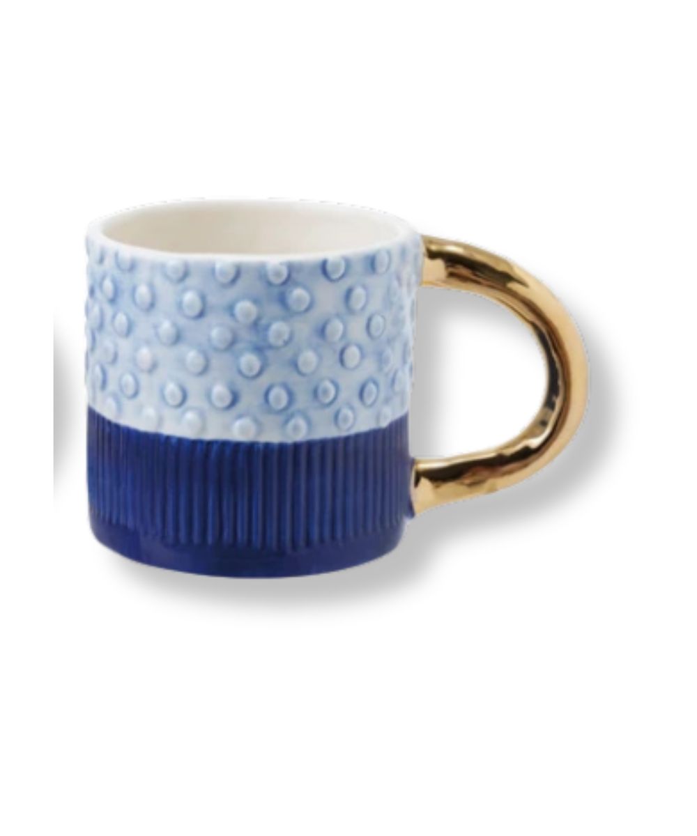 Shoreline Embossed Stoneware Mugs with Gold Handle