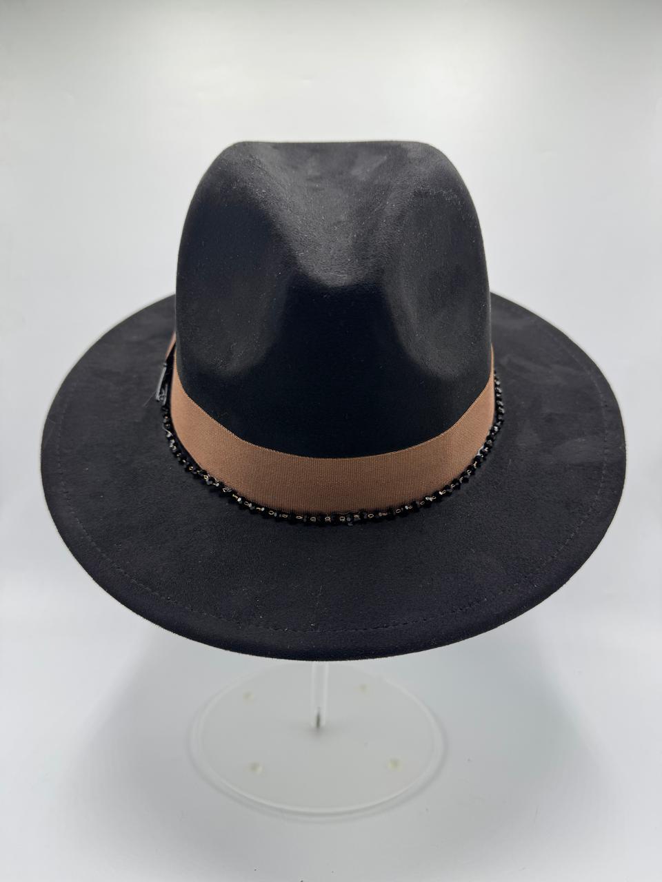 Suede fedora with gold feathers