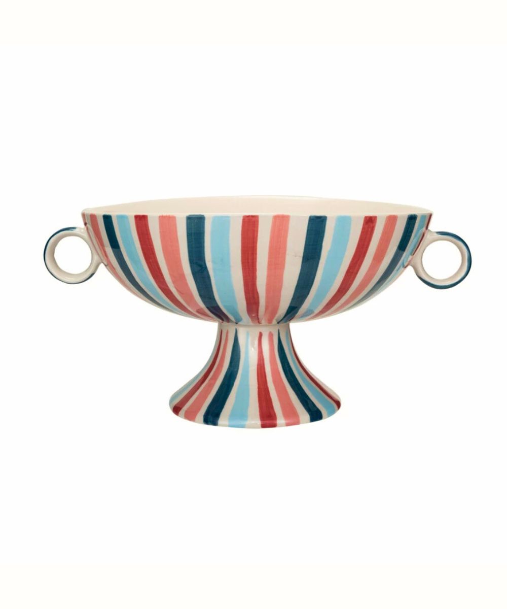 Decorative Hand-Painted Bowl with Stripes & Handles