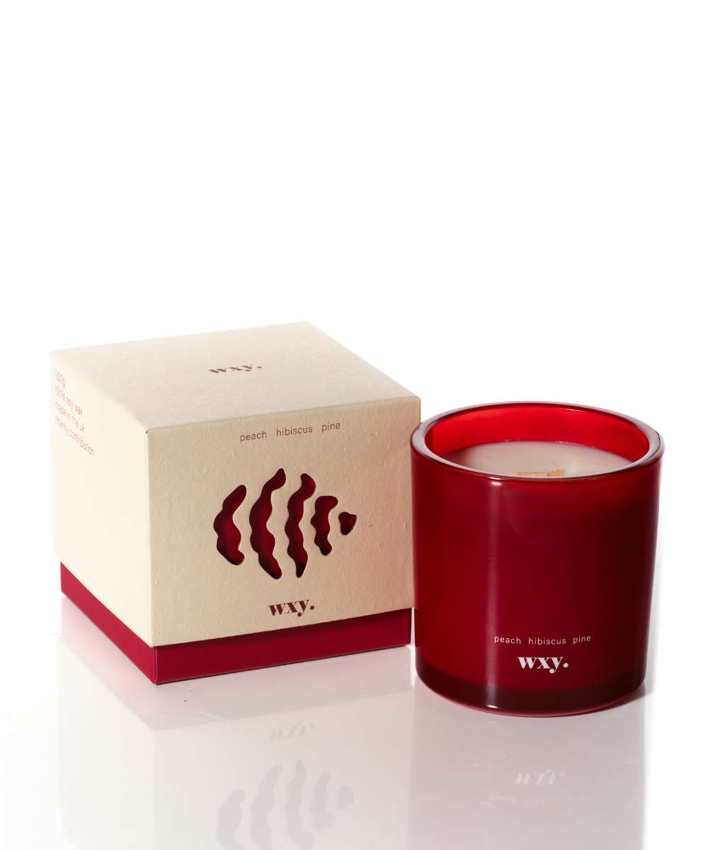 Wxy. Roam Peach. Hibiscus. Pine. Glass Candle