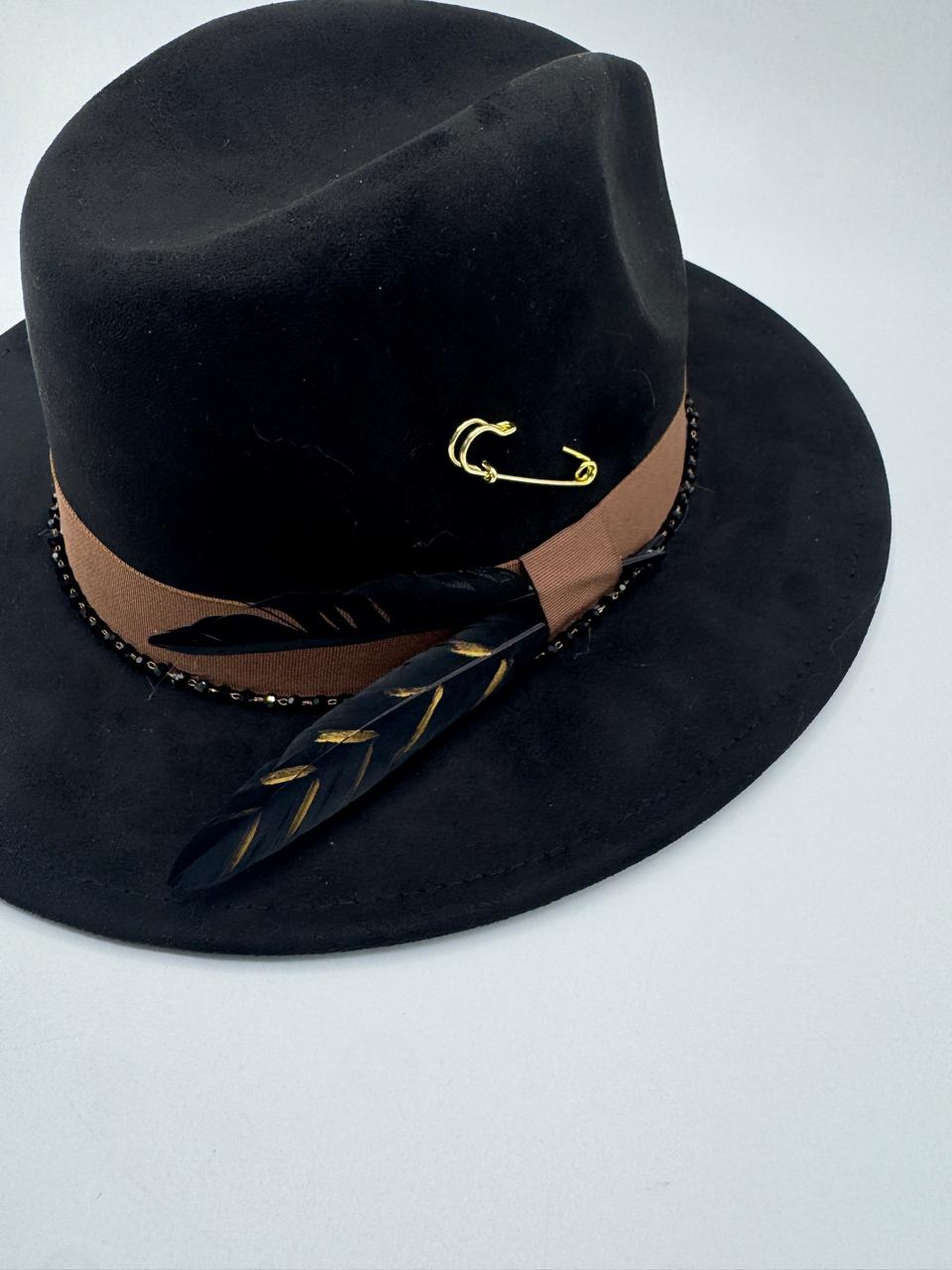 Suede fedora with gold feathers