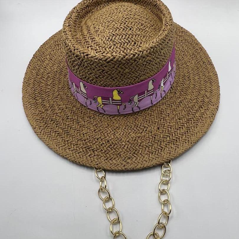 Natural straw boater with pink golden chain