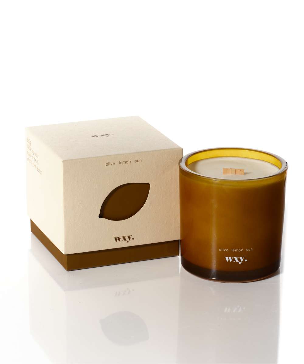 Wxy. Roam Olive. Lemon. Sun. Glass Candle