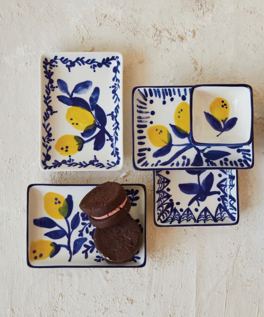 Hand-Painted Stoneware Dish with Lemons