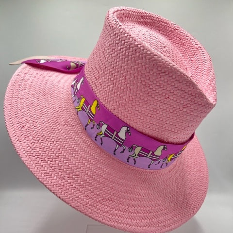 Natural pink straw fedora with pink scarf