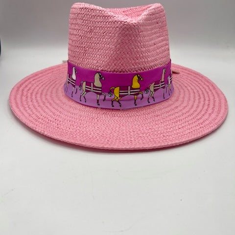 Natural pink straw fedora with pink scarf