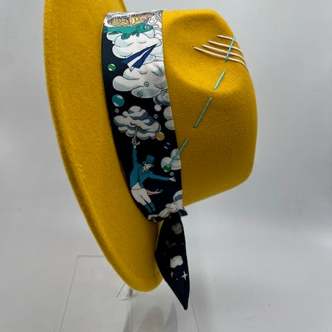 Mustard color fedora with baby blue stitches