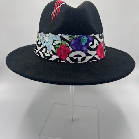 black fedora with red roses scarf