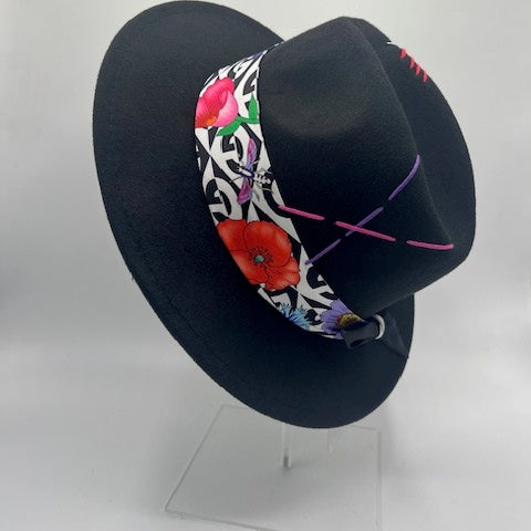 black fedora with red roses scarf