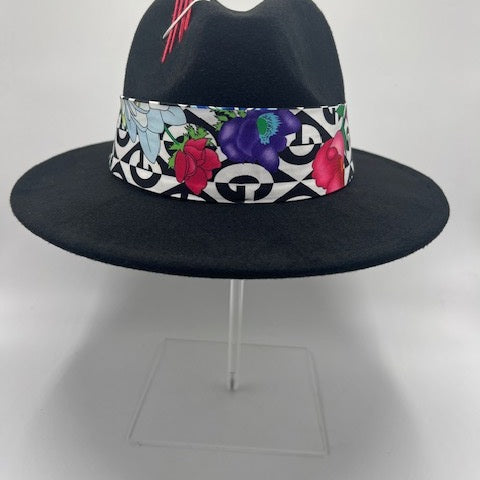 black fedora with red roses scarf