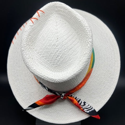 White natural straw fedora with orange details