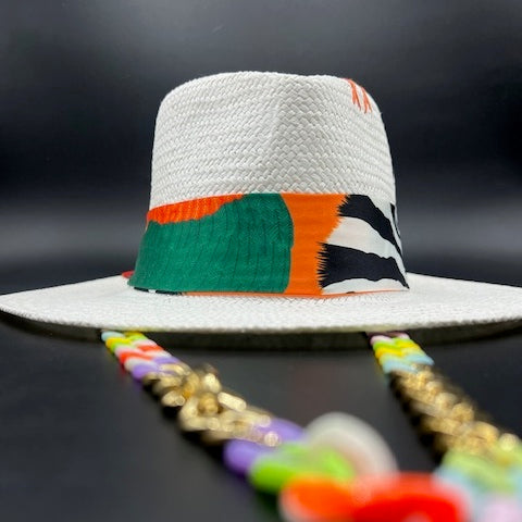 White natural straw fedora with orange details