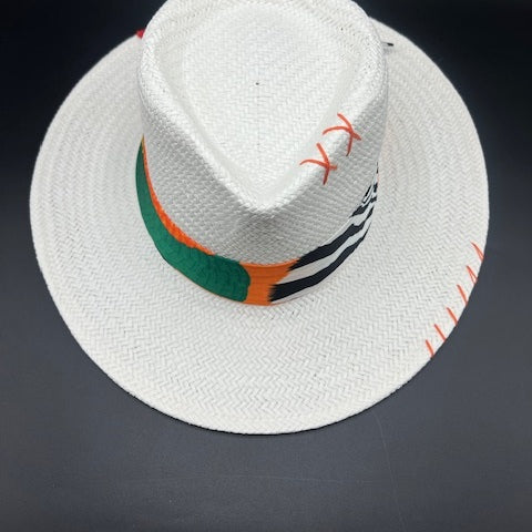 White natural straw fedora with orange details
