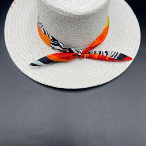 White natural straw fedora with orange details