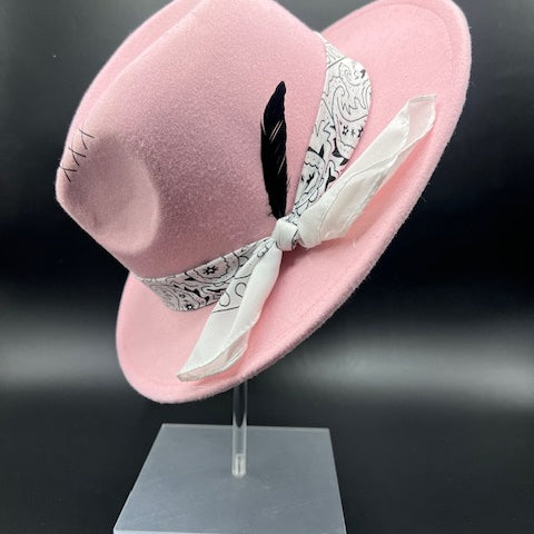 Pink fedora with white bandana
