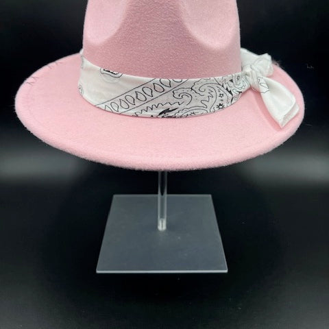 Pink fedora with white bandana