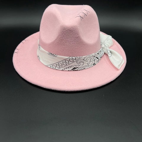 Pink fedora with white bandana