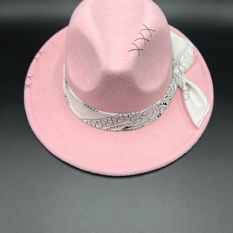 Pink fedora with white bandana