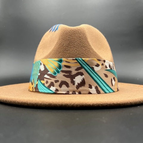 Brown fedora with blue details