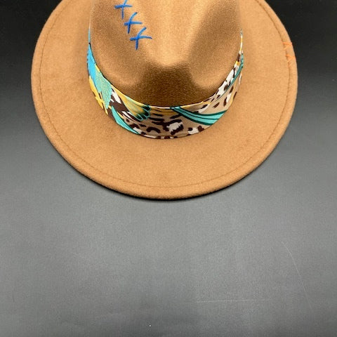 Brown fedora with blue details
