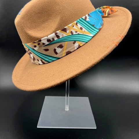 Brown fedora with blue details