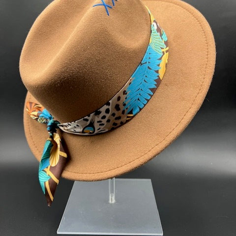 Brown fedora with blue details