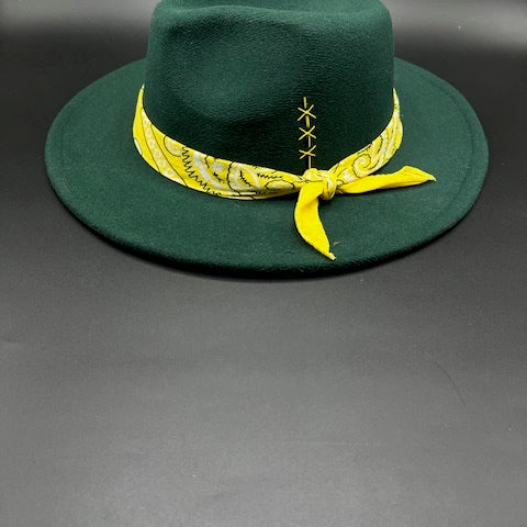 Royal green fedora with yellow bandana