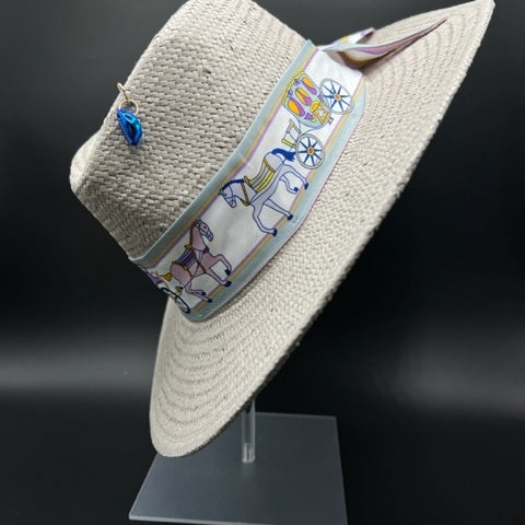 Grey summer fedora with blue details