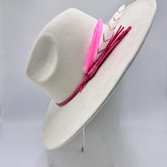 Wide brim off white fedora with pink feather