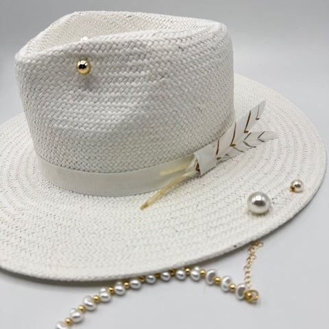 White straw fedora with pearls