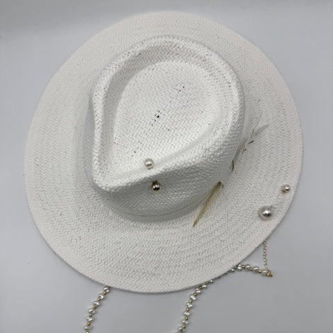 White straw fedora with pearls