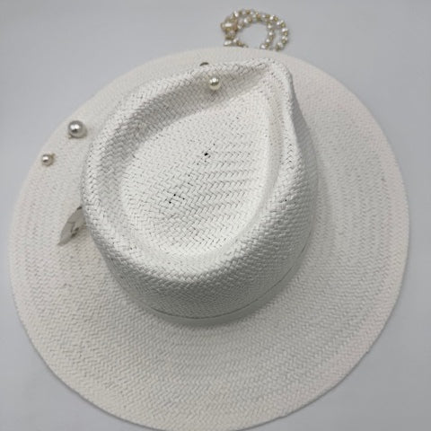 White straw fedora with pearls