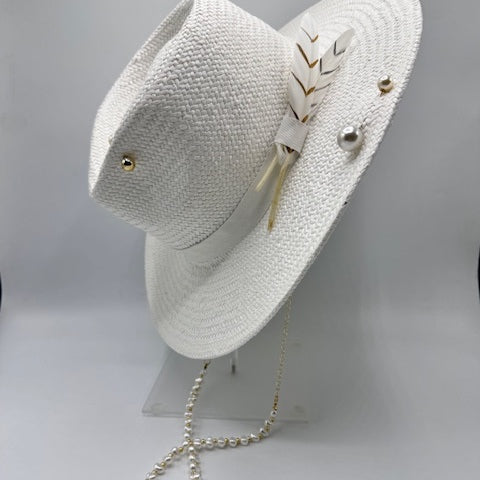 White straw fedora with pearls