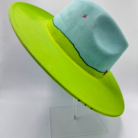 Half green half blue wide brim fedora