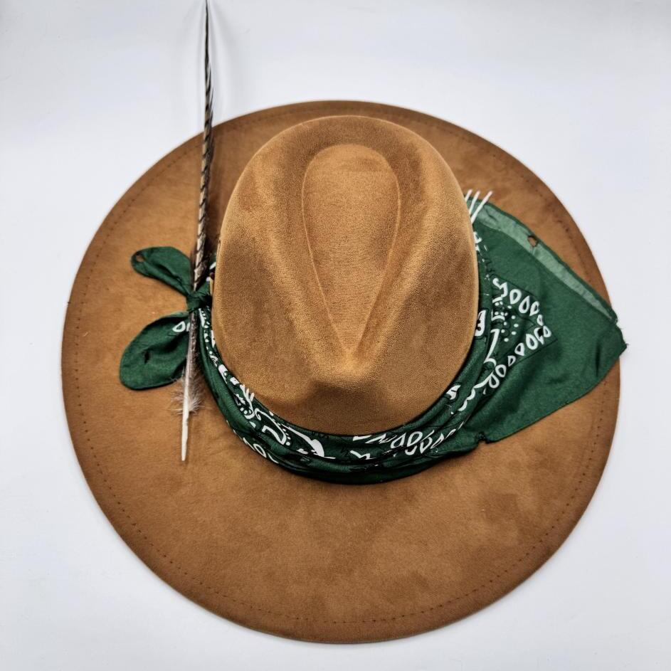 Wide brim fedora ready with green bandana
