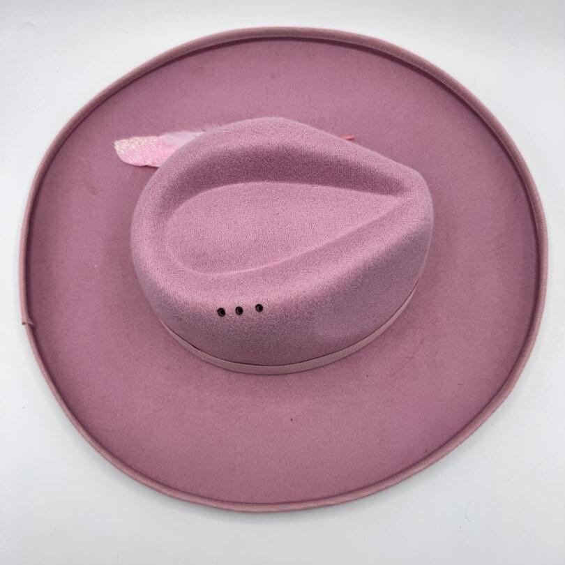Wide brim pink fedora with carvings
