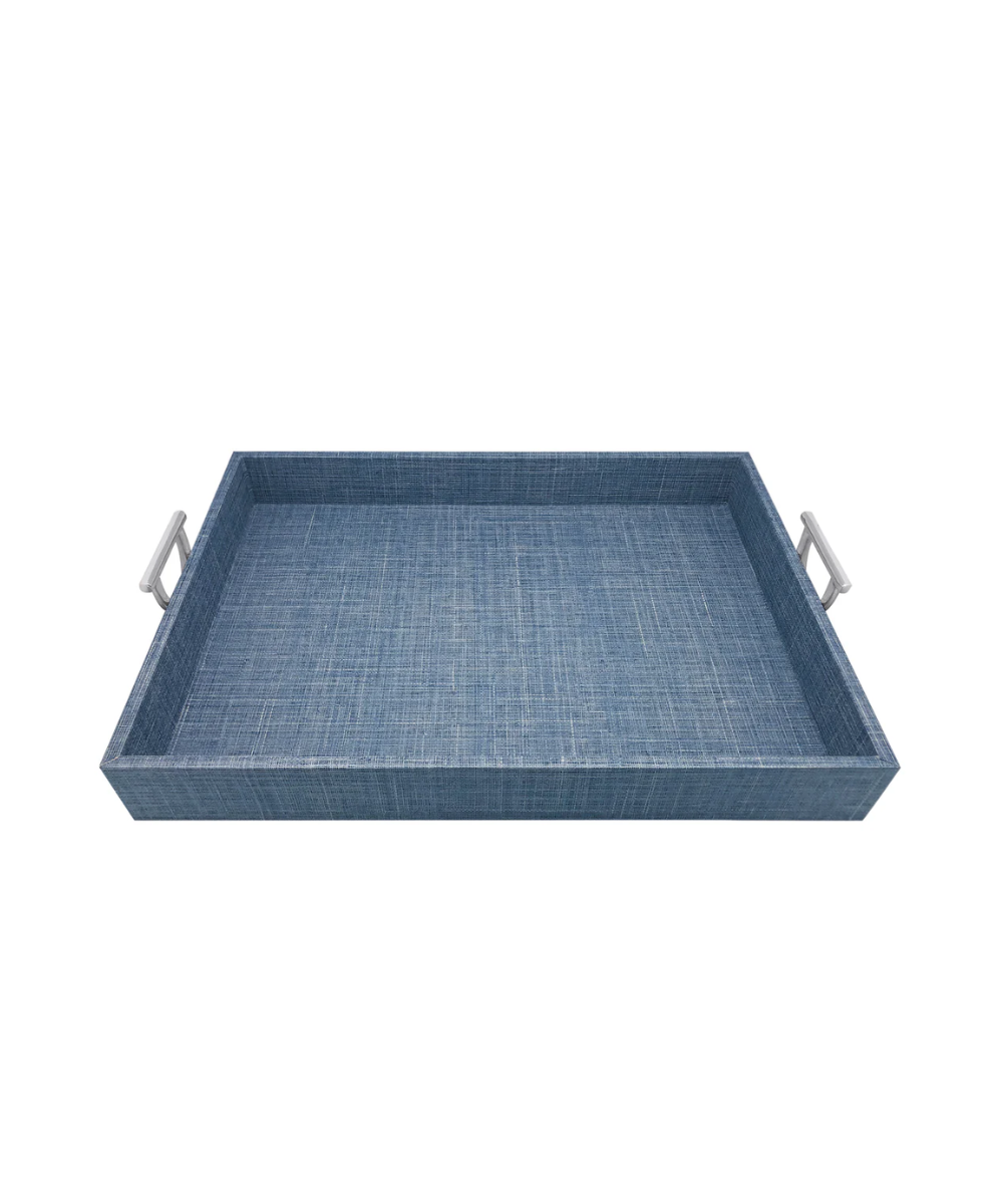 Heather Blue Faux Grasscloth Tray with Metal Handles