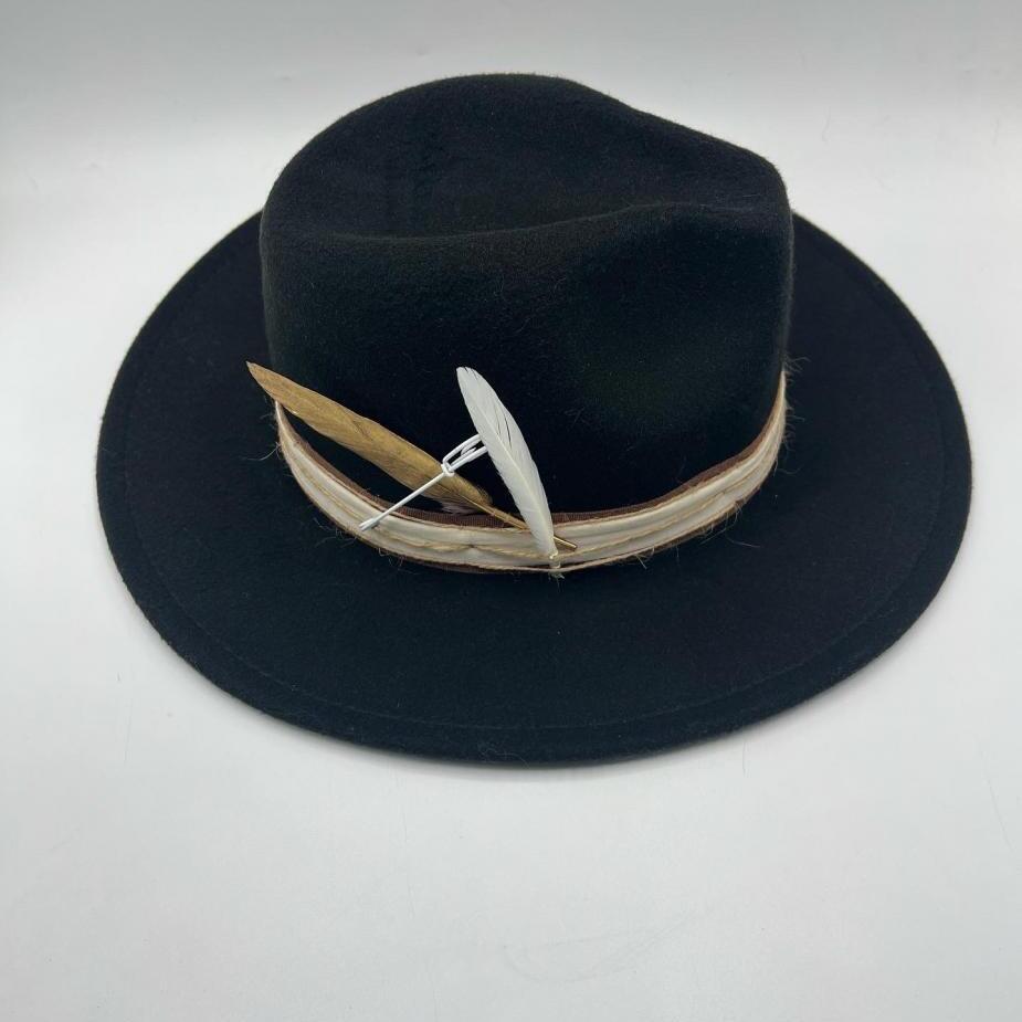 Black fedora with gold feather