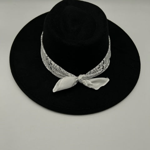 Black wide brim fedora with white bandana