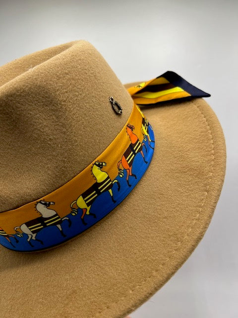 Camel color fedora with horse scarf design