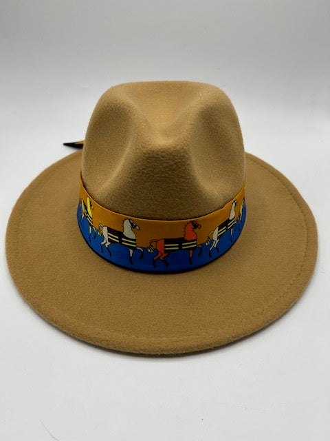 Camel color fedora with horse scarf design
