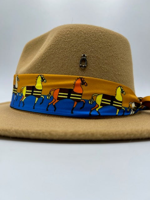 Camel color fedora with horse scarf design
