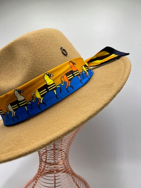 Camel color fedora with horse scarf design